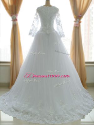 Exceptional White Zipper Square Lace and Appliques Wedding Dress Tulle Sleeveless Brush Train