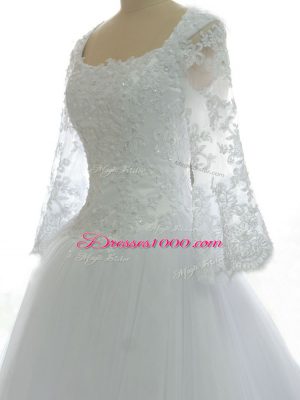 Exceptional White Zipper Square Lace and Appliques Wedding Dress Tulle Sleeveless Brush Train