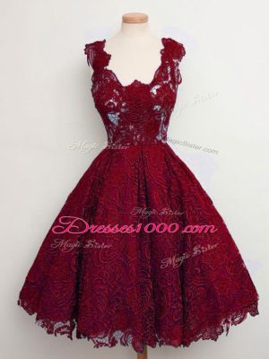 Modern Knee Length A-line Sleeveless Wine Red Court Dresses for Sweet 16 Lace Up