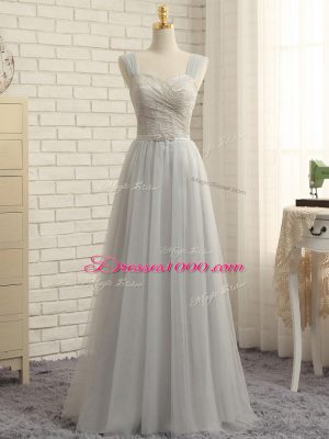 Modest Straps Sleeveless Tulle Quinceanera Dama Dress Lace Sweep Train Zipper