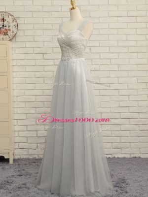 Modest Straps Sleeveless Tulle Quinceanera Dama Dress Lace Sweep Train Zipper