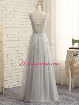 Modest Straps Sleeveless Tulle Quinceanera Dama Dress Lace Sweep Train Zipper