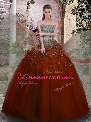 Sleeveless Floor Length Beading Lace Up Vestidos de Quinceanera with Rust Red