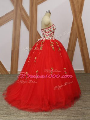 Suitable Red Tulle Lace Up Sweetheart Sleeveless 15 Quinceanera Dress Sweep Train Embroidery and Ruffled Layers