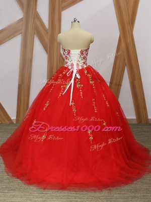 Suitable Red Tulle Lace Up Sweetheart Sleeveless 15 Quinceanera Dress Sweep Train Embroidery and Ruffled Layers