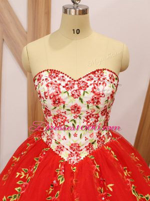 Suitable Red Tulle Lace Up Sweetheart Sleeveless 15 Quinceanera Dress Sweep Train Embroidery and Ruffled Layers