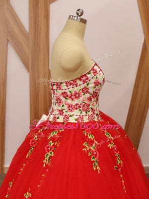 Suitable Red Tulle Lace Up Sweetheart Sleeveless 15 Quinceanera Dress Sweep Train Embroidery and Ruffled Layers