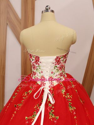 Suitable Red Tulle Lace Up Sweetheart Sleeveless 15 Quinceanera Dress Sweep Train Embroidery and Ruffled Layers