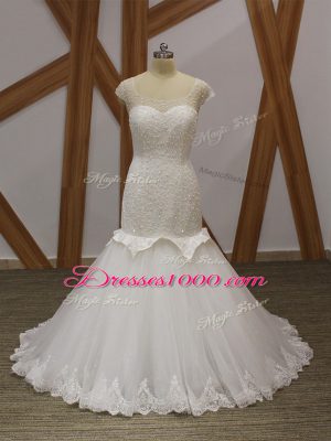 Comfortable White Lace Up Scoop Beading and Appliques Wedding Dress Tulle Cap Sleeves Brush Train