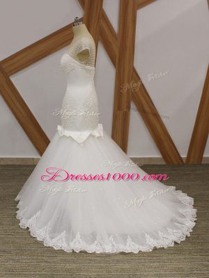 Comfortable White Lace Up Scoop Beading and Appliques Wedding Dress Tulle Cap Sleeves Brush Train