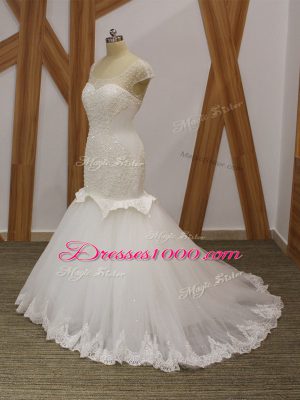 Comfortable White Lace Up Scoop Beading and Appliques Wedding Dress Tulle Cap Sleeves Brush Train