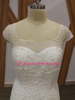 Comfortable White Lace Up Scoop Beading and Appliques Wedding Dress Tulle Cap Sleeves Brush Train