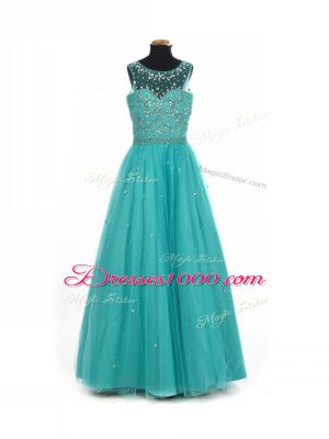 Teal Lace Up Girls Pageant Dresses Beading Sleeveless Floor Length