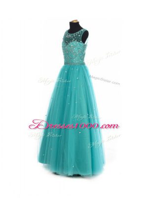 Teal Lace Up Girls Pageant Dresses Beading Sleeveless Floor Length