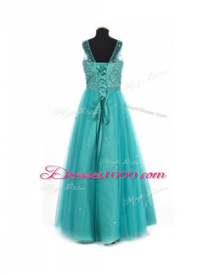 Teal Lace Up Girls Pageant Dresses Beading Sleeveless Floor Length