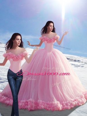 Low Price Brush Train Ball Gowns Quinceanera Dresses Baby Pink Off The Shoulder Tulle Sleeveless Lace Up