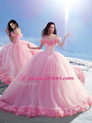 Low Price Brush Train Ball Gowns Quinceanera Dresses Baby Pink Off The Shoulder Tulle Sleeveless Lace Up