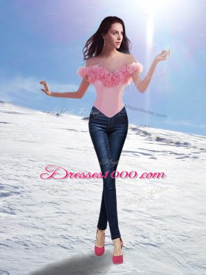 Low Price Brush Train Ball Gowns Quinceanera Dresses Baby Pink Off The Shoulder Tulle Sleeveless Lace Up