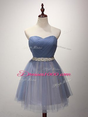 Customized Blue Tulle Lace Up Bridesmaids Dress Sleeveless Mini Length Beading and Ruching