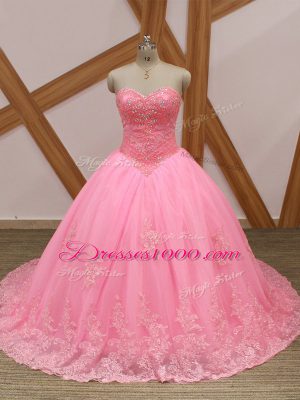 Excellent Sleeveless Tulle Brush Train Lace Up Quince Ball Gowns in Rose Pink with Beading and Lace