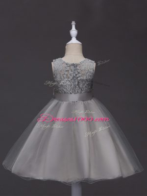 Smart Grey Tulle Zipper Scoop Sleeveless Knee Length Toddler Flower Girl Dress Lace and Belt