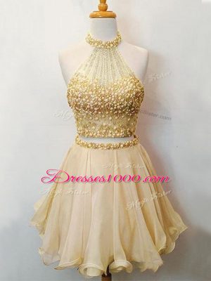 Champagne Sleeveless Knee Length Beading Lace Up Bridesmaid Gown