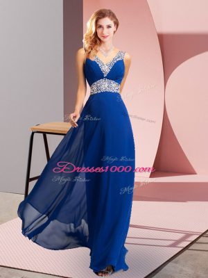 Hot Selling Royal Blue V-neck Lace Up Beading Prom Dresses Sleeveless