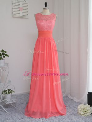 Glamorous Watermelon Red Sleeveless Lace Floor Length Bridesmaid Dresses