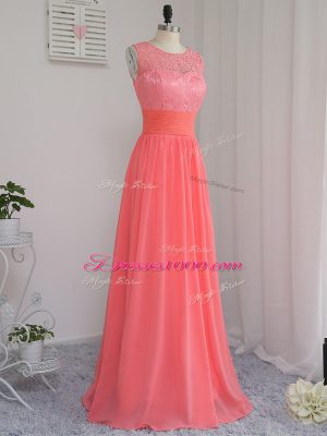 Glamorous Watermelon Red Sleeveless Lace Floor Length Bridesmaid Dresses