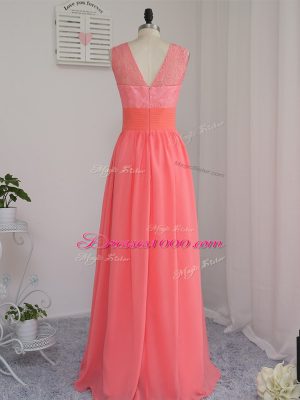 Glamorous Watermelon Red Sleeveless Lace Floor Length Bridesmaid Dresses