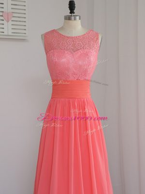 Glamorous Watermelon Red Sleeveless Lace Floor Length Bridesmaid Dresses