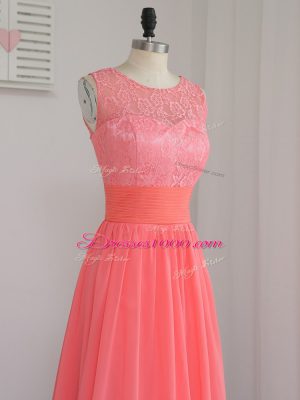 Glamorous Watermelon Red Sleeveless Lace Floor Length Bridesmaid Dresses