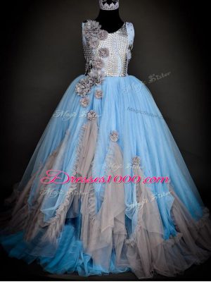 Attractive Light Blue A-line Tulle Scoop Sleeveless Sequins and Hand Made Flower Floor Length Backless Pageant Gowns For Girls