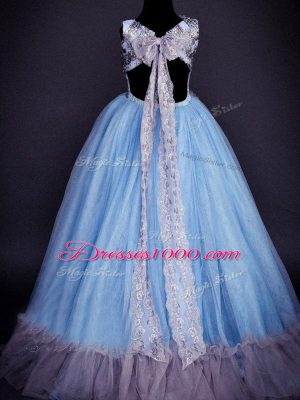 Attractive Light Blue A-line Tulle Scoop Sleeveless Sequins and Hand Made Flower Floor Length Backless Pageant Gowns For Girls