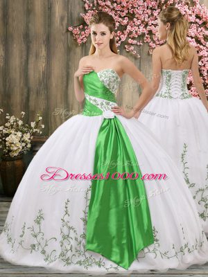 Sweetheart Sleeveless Quince Ball Gowns Floor Length Embroidery and Belt White Organza