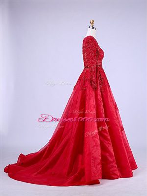 Beauteous Red Prom Gown Taffeta Brush Train Long Sleeves Beading and Lace