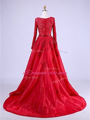 Beauteous Red Prom Gown Taffeta Brush Train Long Sleeves Beading and Lace