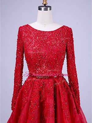 Beauteous Red Prom Gown Taffeta Brush Train Long Sleeves Beading and Lace