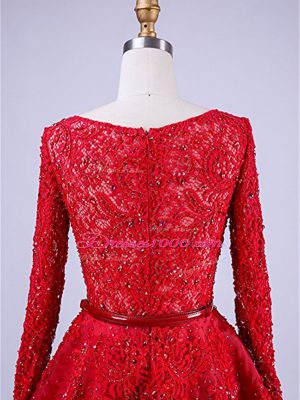 Beauteous Red Prom Gown Taffeta Brush Train Long Sleeves Beading and Lace
