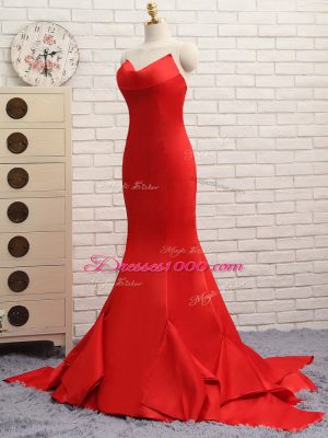 Colorful Red Sleeveless Satin Brush Train Zipper Prom Dresses for Prom and Party and Military Ball
