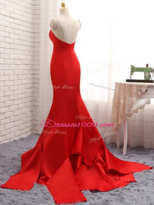 Colorful Red Sleeveless Satin Brush Train Zipper Prom Dresses for Prom and Party and Military Ball