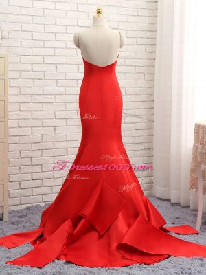 Colorful Red Sleeveless Satin Brush Train Zipper Prom Dresses for Prom and Party and Military Ball