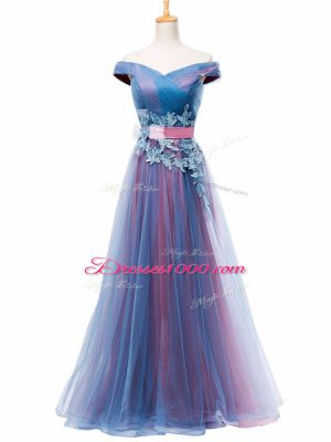 Hot Sale Multi-color Tulle Lace Up Oscars Dresses Sleeveless Floor Length Appliques and Ruching and Belt