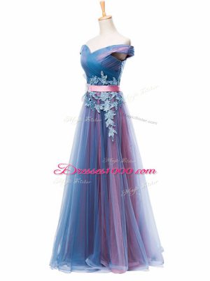 Hot Sale Multi-color Tulle Lace Up Oscars Dresses Sleeveless Floor Length Appliques and Ruching and Belt