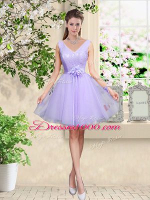 Lilac Tulle Lace Up Wedding Guest Dresses Sleeveless Knee Length Lace and Belt