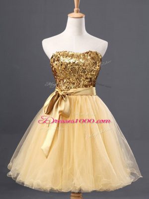 Gold A-line Tulle Sweetheart Sleeveless Sequins Mini Length Zipper Prom Dresses