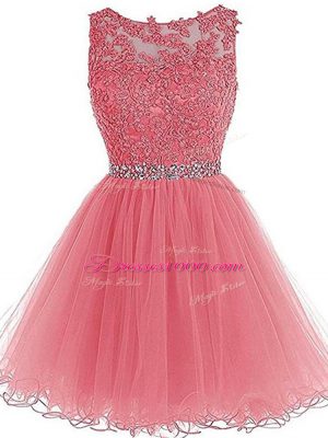 Pink Zipper Scoop Beading and Lace and Appliques and Ruffles Homecoming Dress Tulle Sleeveless