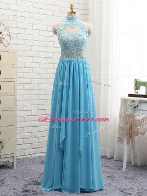 High End Halter Top Sleeveless Backless Prom Dresses Baby Blue Chiffon