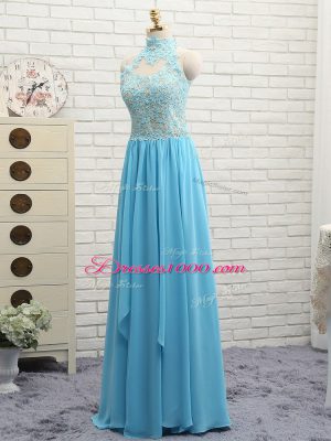 High End Halter Top Sleeveless Backless Prom Dresses Baby Blue Chiffon