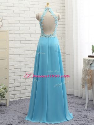 High End Halter Top Sleeveless Backless Prom Dresses Baby Blue Chiffon